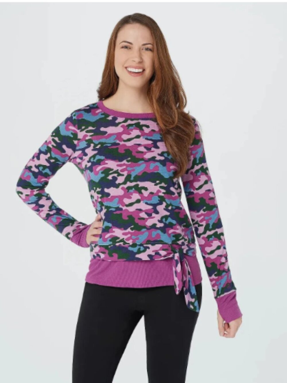 Cuddl Duds Lightweight Comfort Tie Front w/ Rib Trim-Camo-Small-A373474-NEW